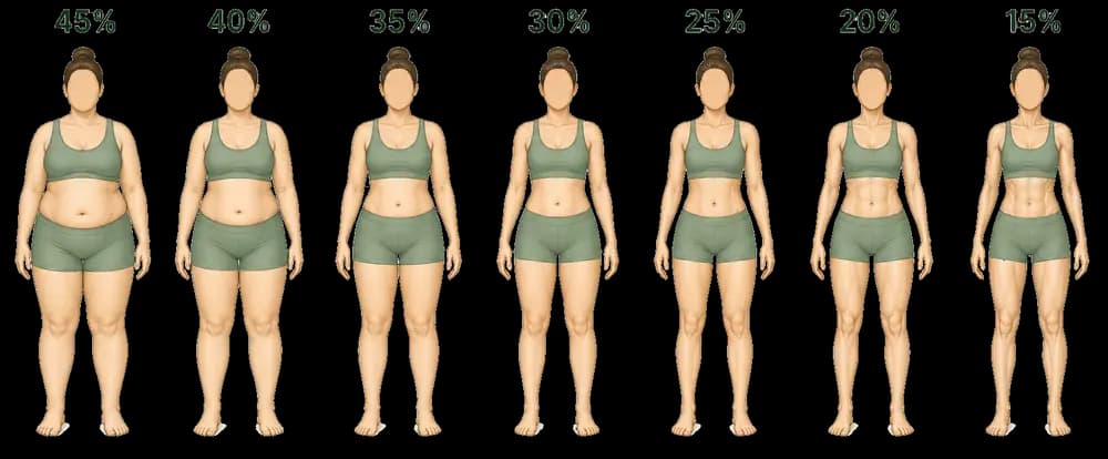 Orientační ženská ilustrace procenta tuku v těle od 45 % do 15 %